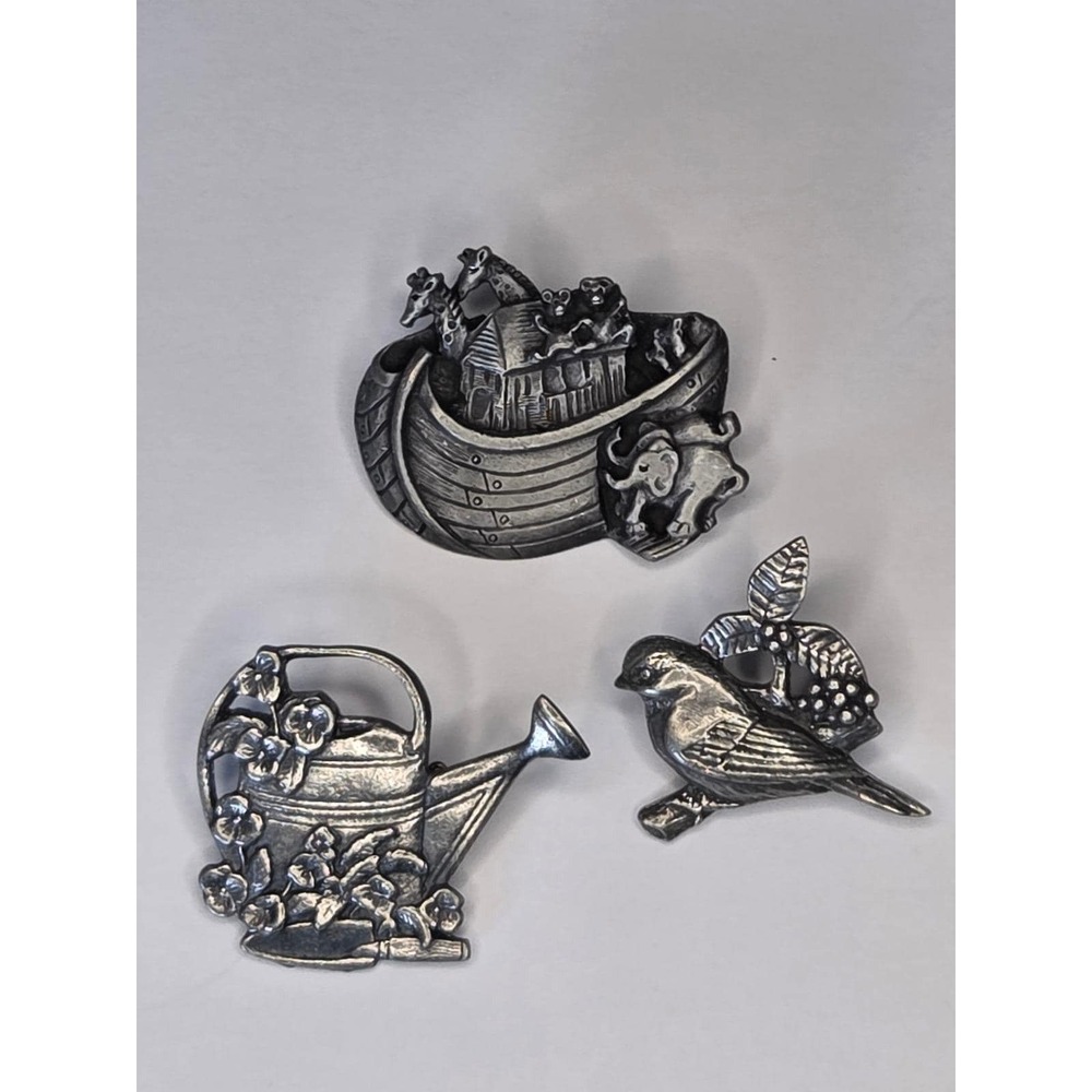 Vintage Birds & Blooms Pewter Pin Set Noahs Ark Watering Can Bird Brooches 3pc